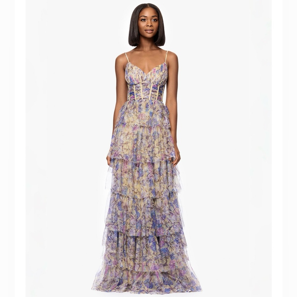 Blondie Nites Juniors' Tiered Mesh Corset Gown